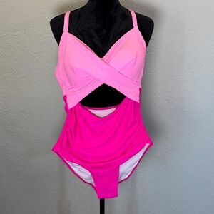 Eomenie Womens Pink Colorblock Cutout One Piece Swimsuit Ruched Monokini Size L